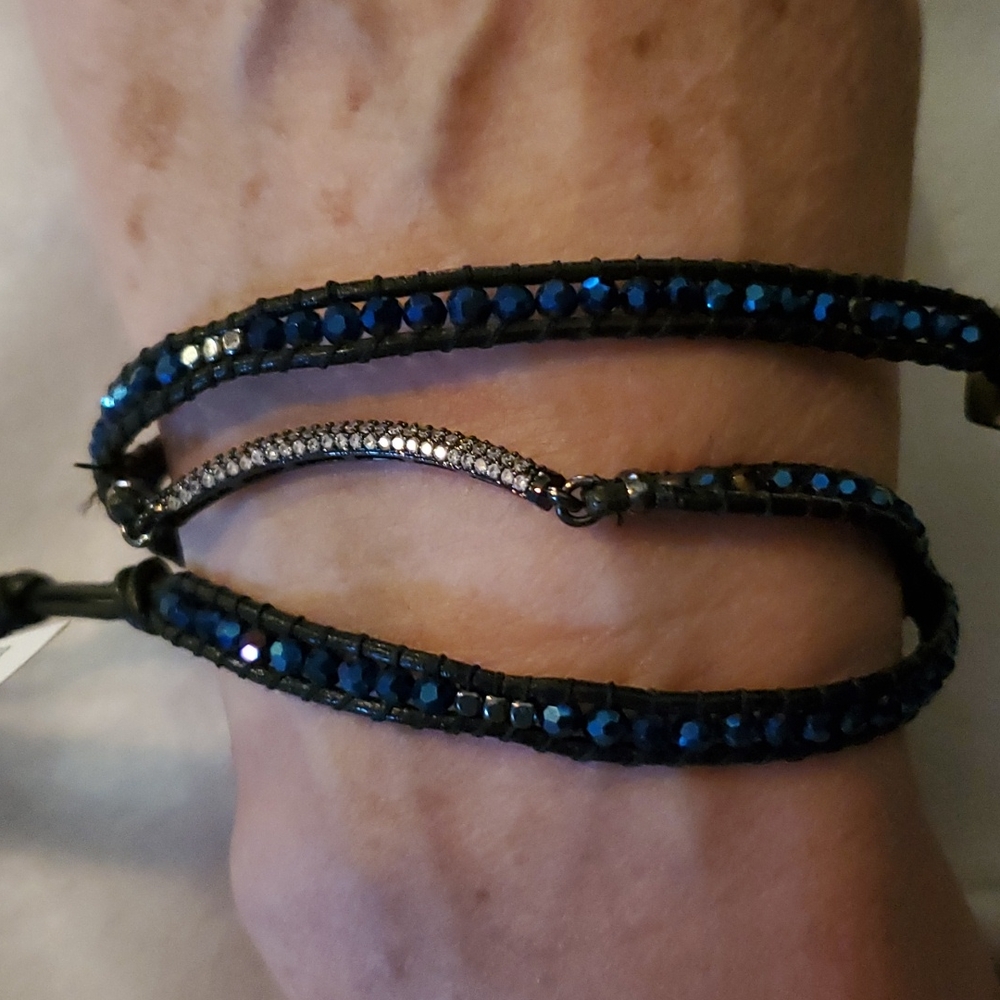 Black w/ blue chrystal wrap bracelet